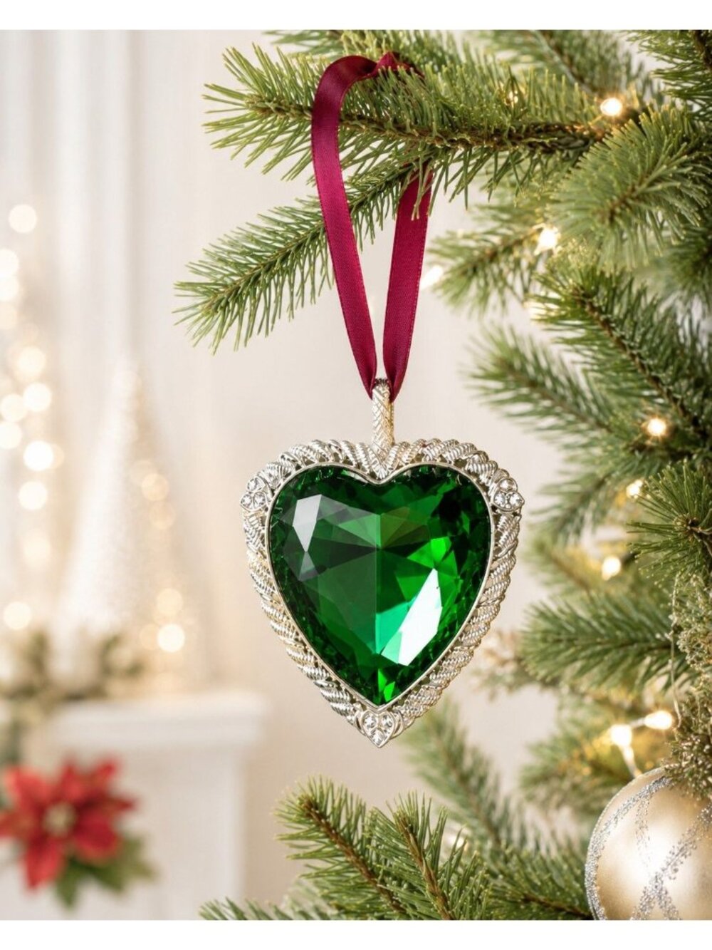 Judith Ripka Emerald Green Crystal Heart Christmas Ornament w/ Box 3"